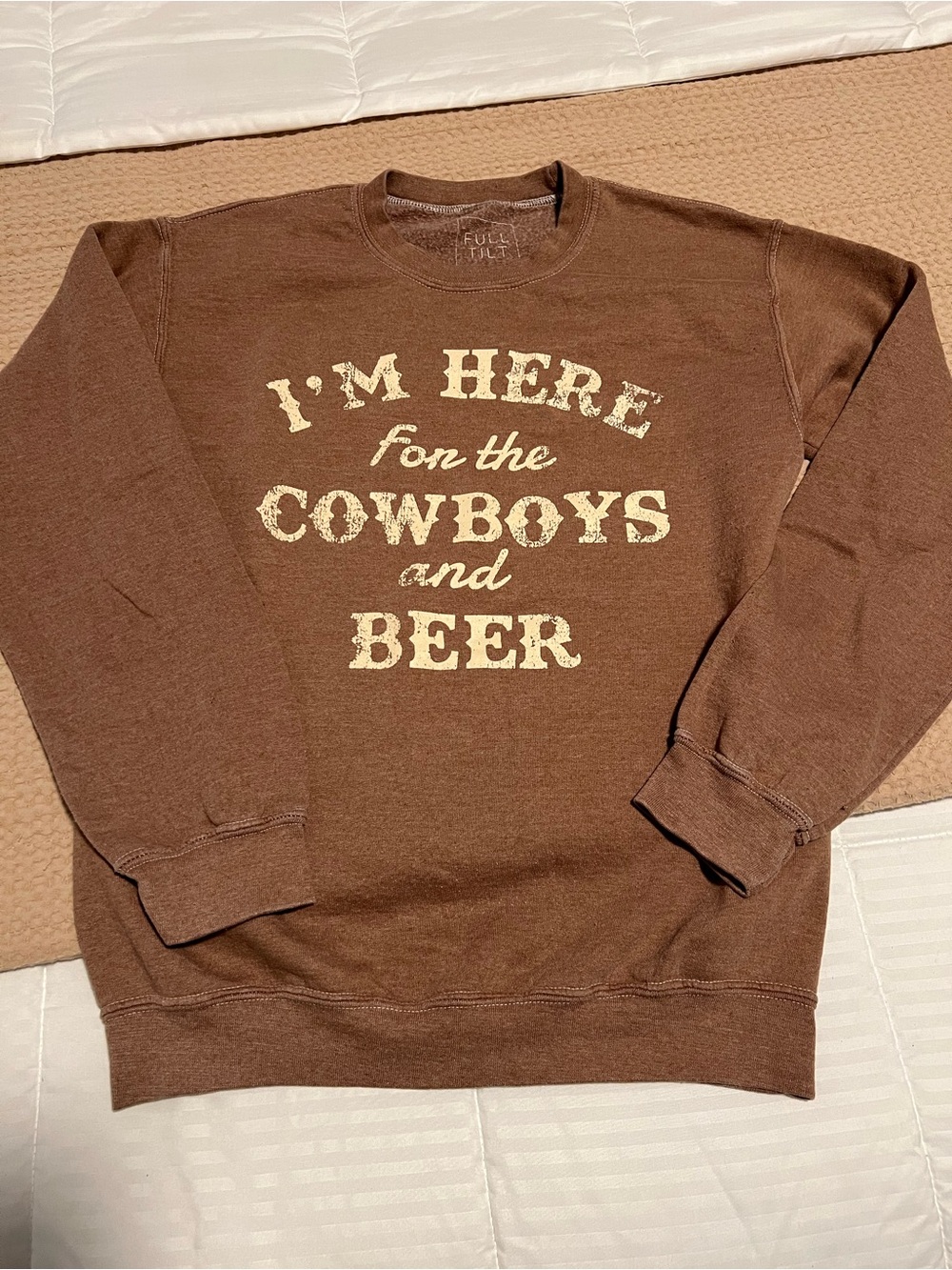 Brown Graphic Crewneck Sweatshirt - "I'm Here for the Cowboys and Beer"